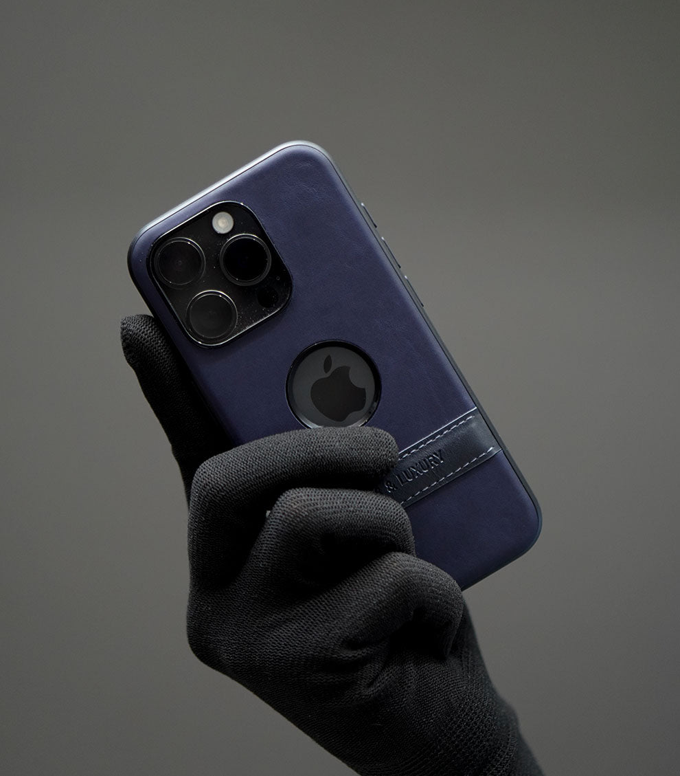 Blue leather hybrid case with premium finish and logo cutout