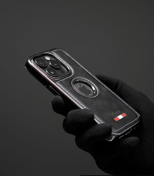 Elegant black leather protective case with red-white accent