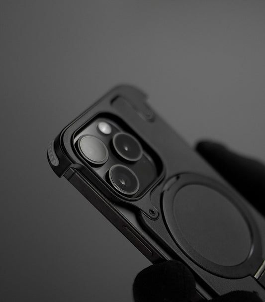 Heavy-duty matte black protective case with metal corners