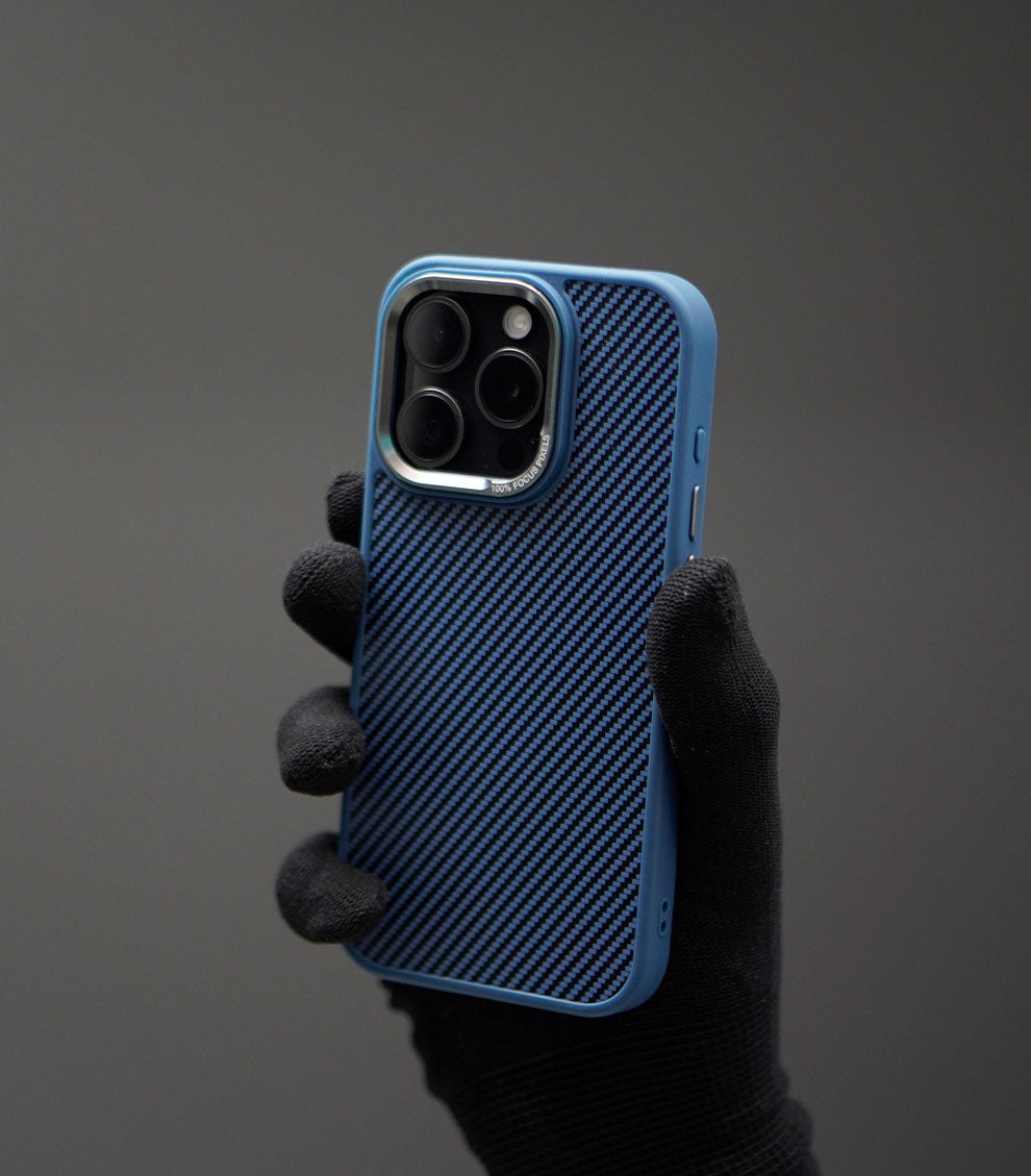 Lightweight Blue Carbon Fiber iPhone Case in Hand