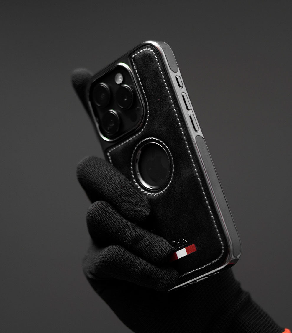 Luxury black hybrid case featuring premium stitching and sleek cutout