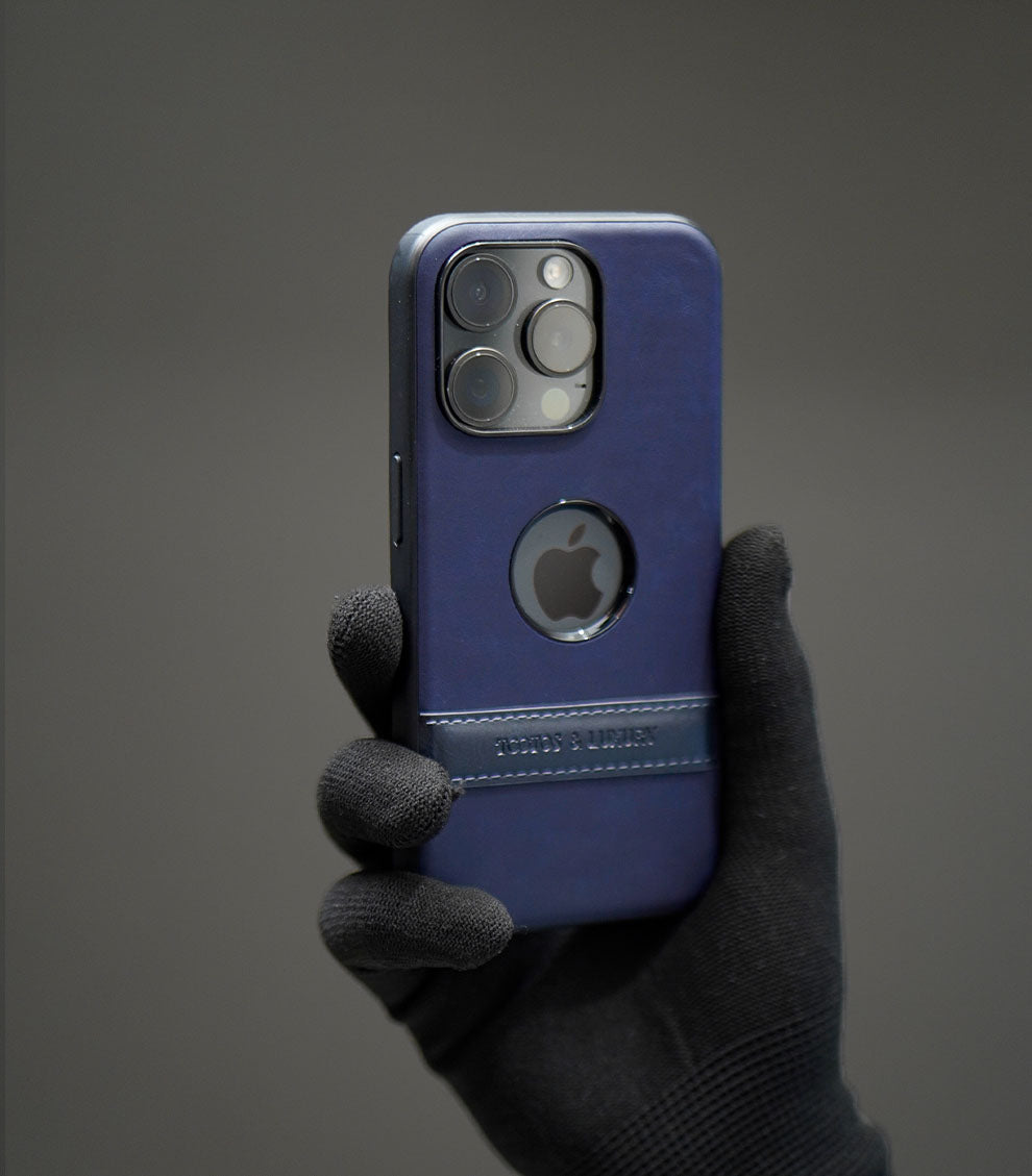 Luxury navy phone case combining leather design and hybrid protection