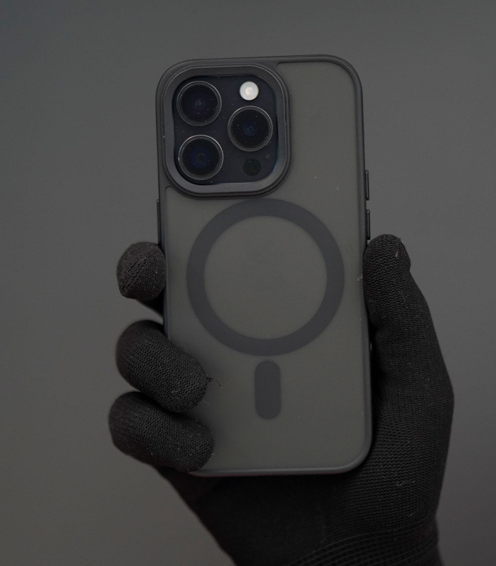 Matte black magnetic transparent phone case with frosted finish
