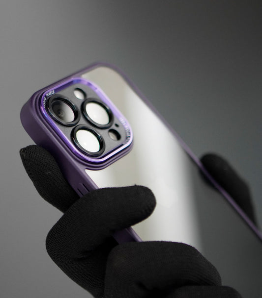 Minimalist clear phone case framed in purple border