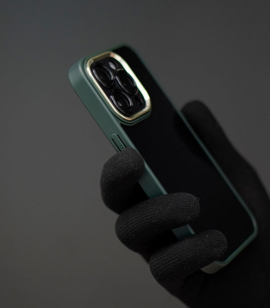 Minimalist clear protective case framed in green border