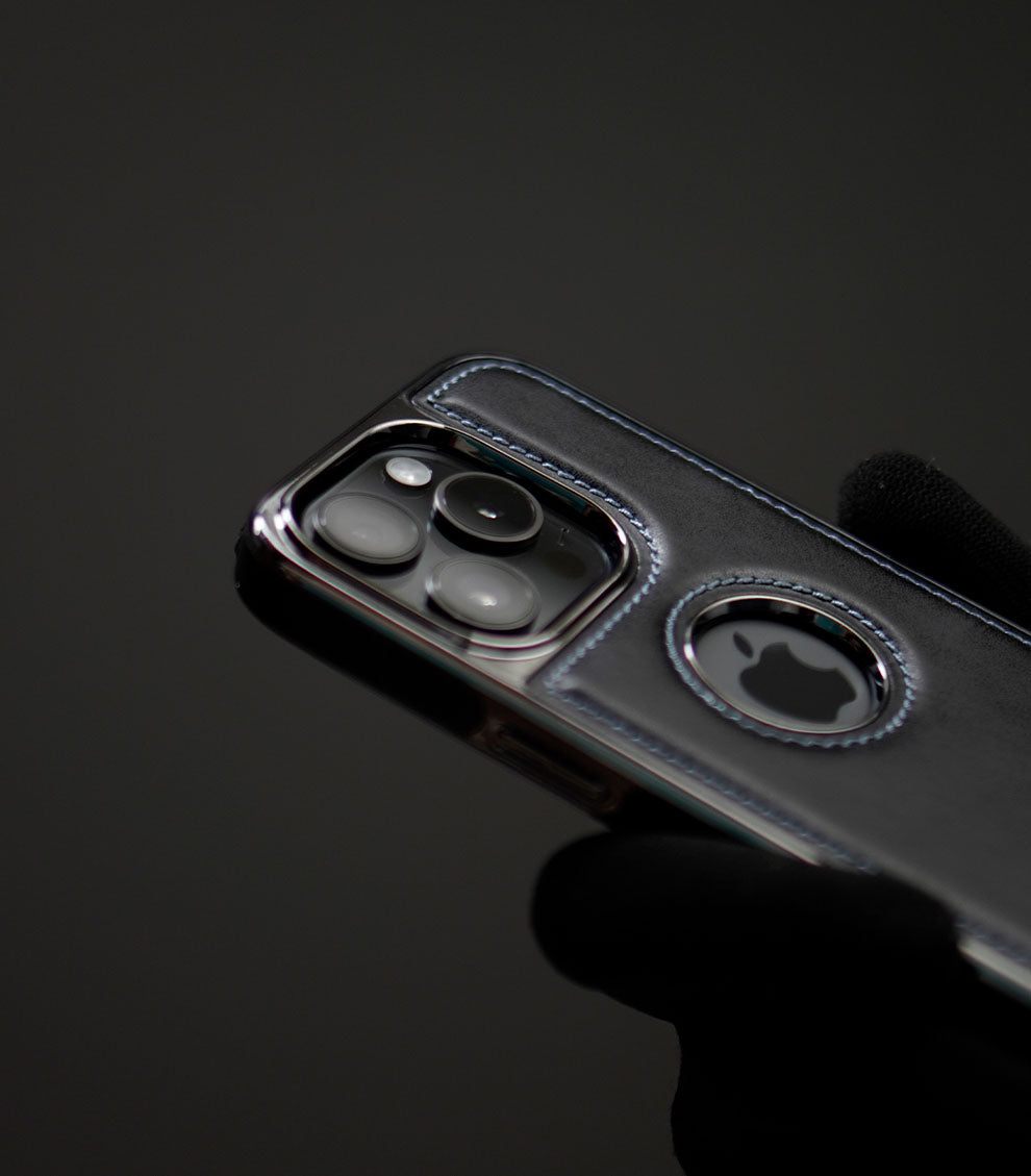 Modern black leather-textured phone cover with hybrid protection
