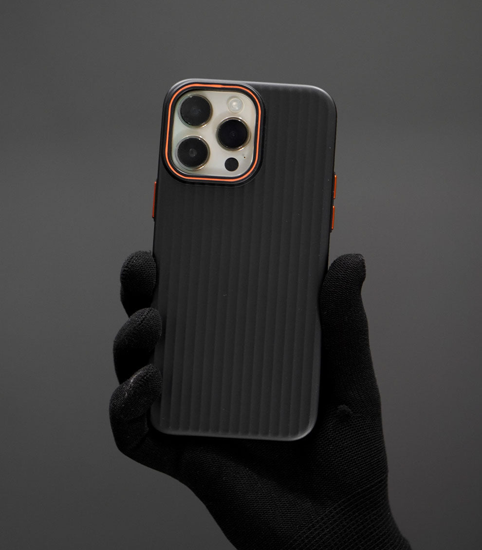 Modern matte black case for iPhone with ribbed pattern and durable shell
