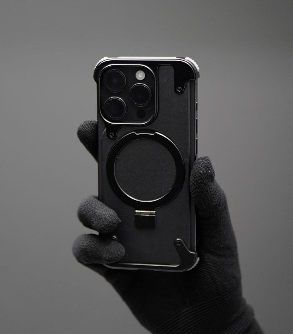 Rugged black universal phone case with magnetic ring stand