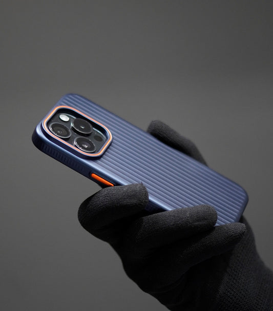 Shockproof dark blue phone case with vertical texture and orange accents
