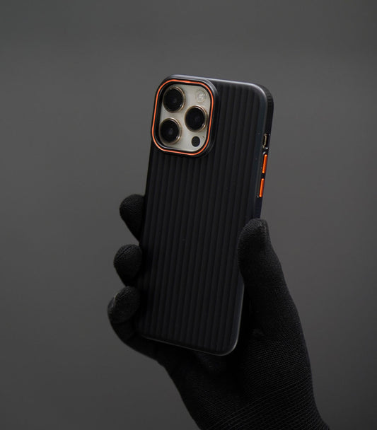 Sleek shockproof phone case in black with minimalist ridged design
