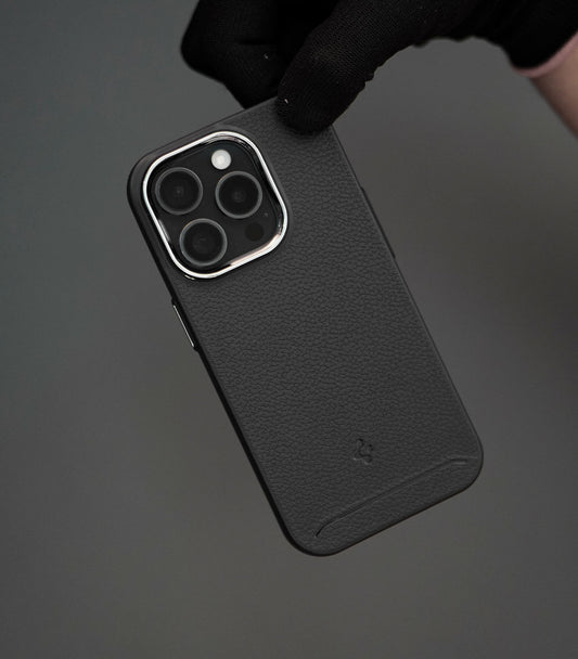 Slim shockproof black phone cover with luxury leather texture