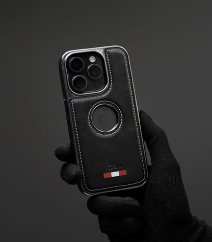 Black leather hybrid phone case with circular logo window and stitching