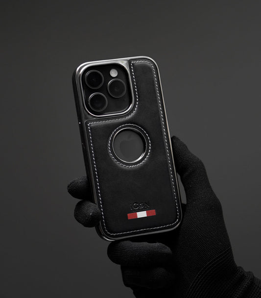 Black leather hybrid phone case with circular logo window and stitching