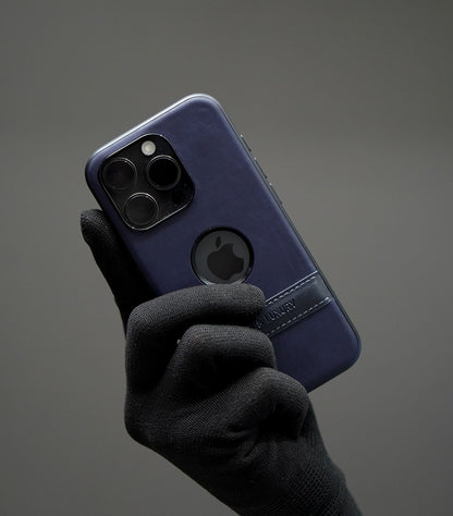 Blue leather hybrid case with premium finish and logo cutout