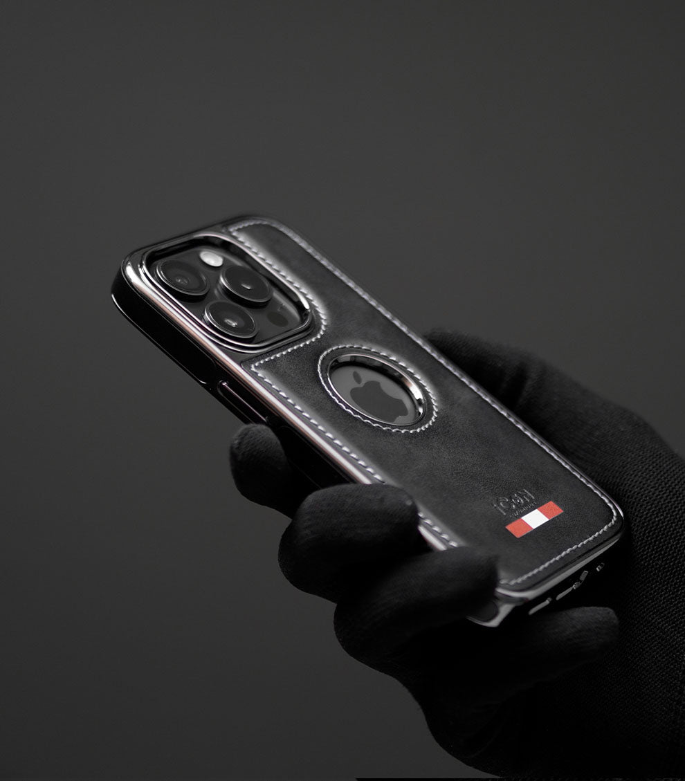 Elegant black leather protective case with red-white accent
