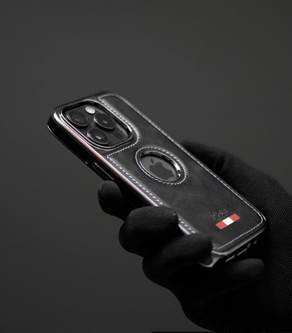Elegant black leather protective case with red-white accent