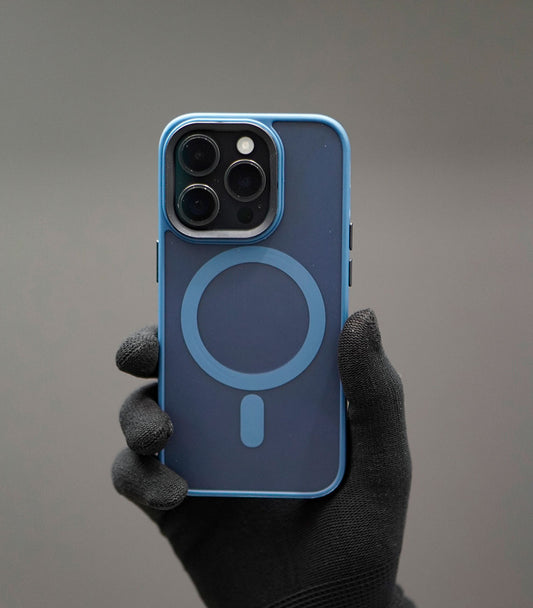 Frosted blue MagSafe compatible phone case with magnetic ring design
