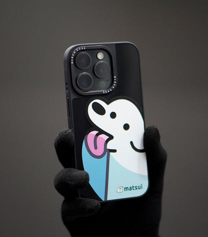 Glossy black phone case featuring kawaii dog illustration by Matsui