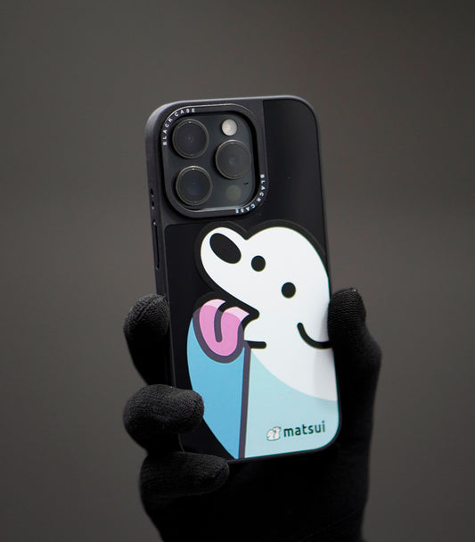 Glossy black phone case featuring kawaii dog illustration by Matsui