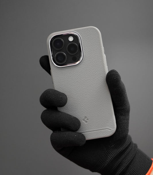 Light gray leather textured phone case with soft grip design