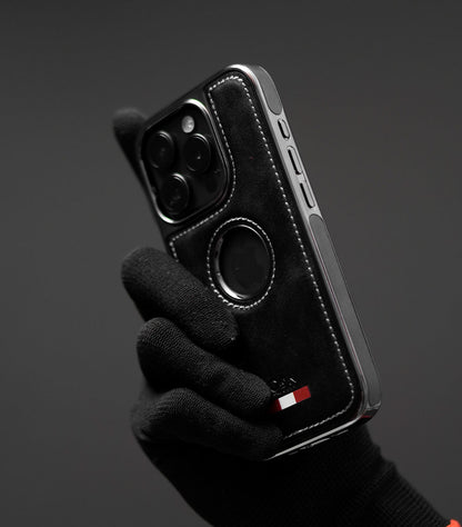 Luxury black hybrid case featuring premium stitching and sleek cutout