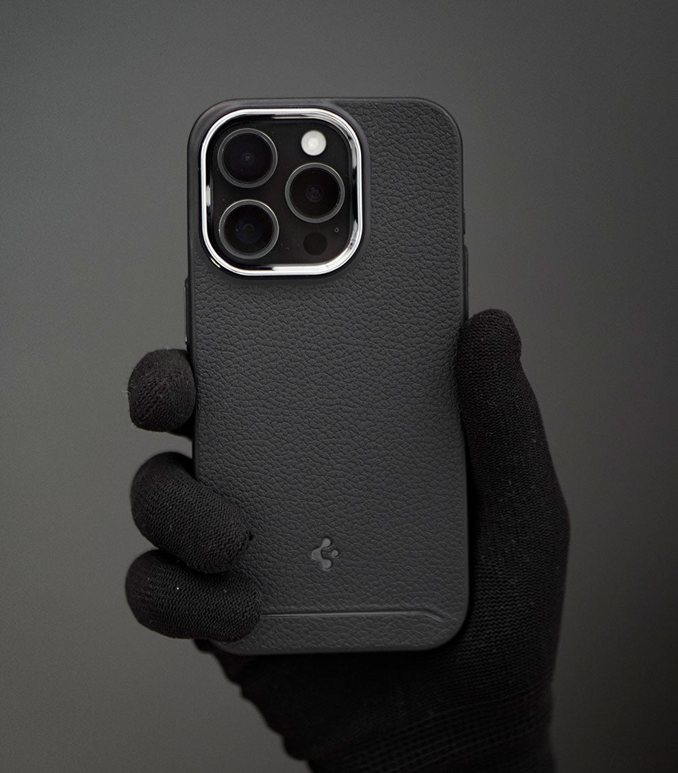 Matte black leather textured phone case with soft grip finish