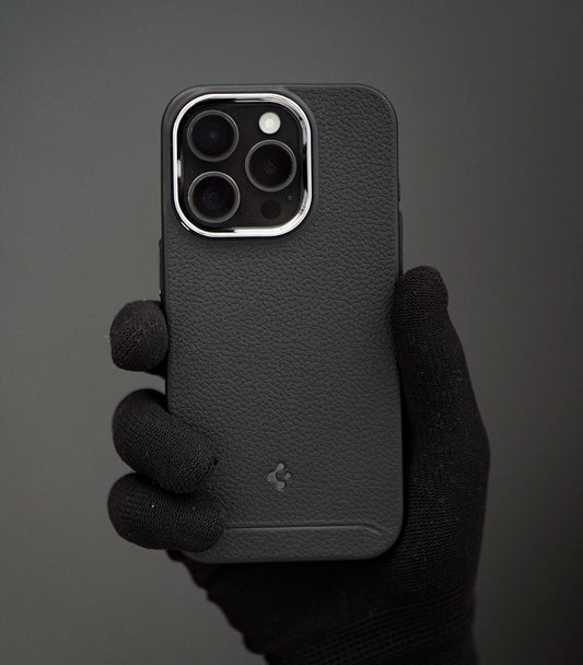 Matte black leather textured phone case with soft grip finish