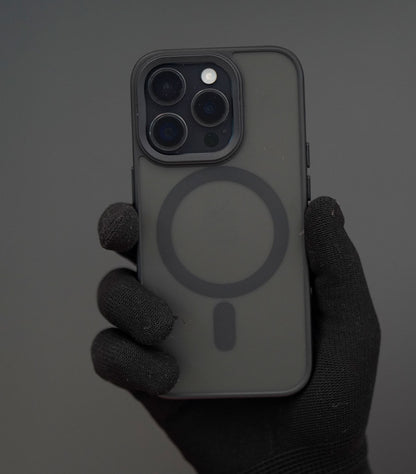 Matte black magnetic transparent phone case with frosted finish