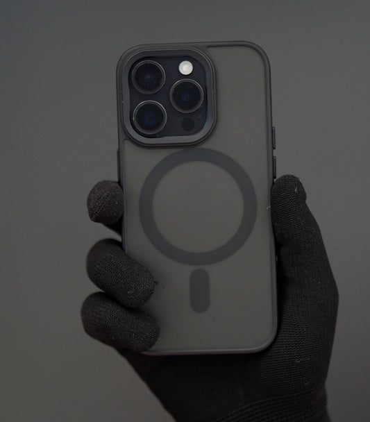 Matte black magnetic transparent phone case with frosted finish