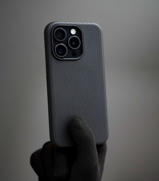 Matte black textured shockproof phone case with geometric grip pattern