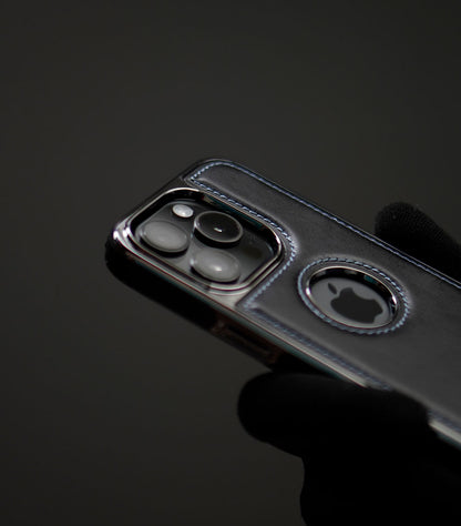 Modern black leather-textured phone cover with hybrid protection