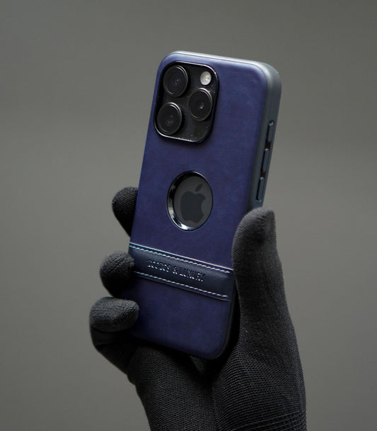 Navy blue leather hybrid phone case with transparent logo window