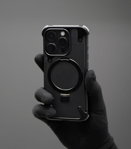 Rugged black universal phone case with magnetic ring stand