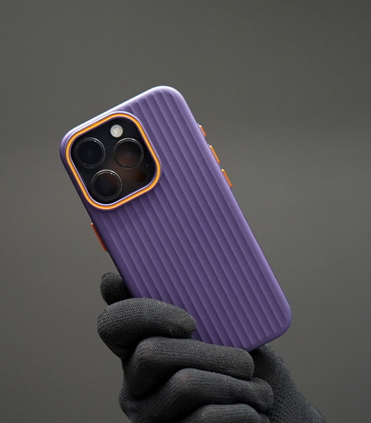 Violet ribbed silicone phone case with orange accents